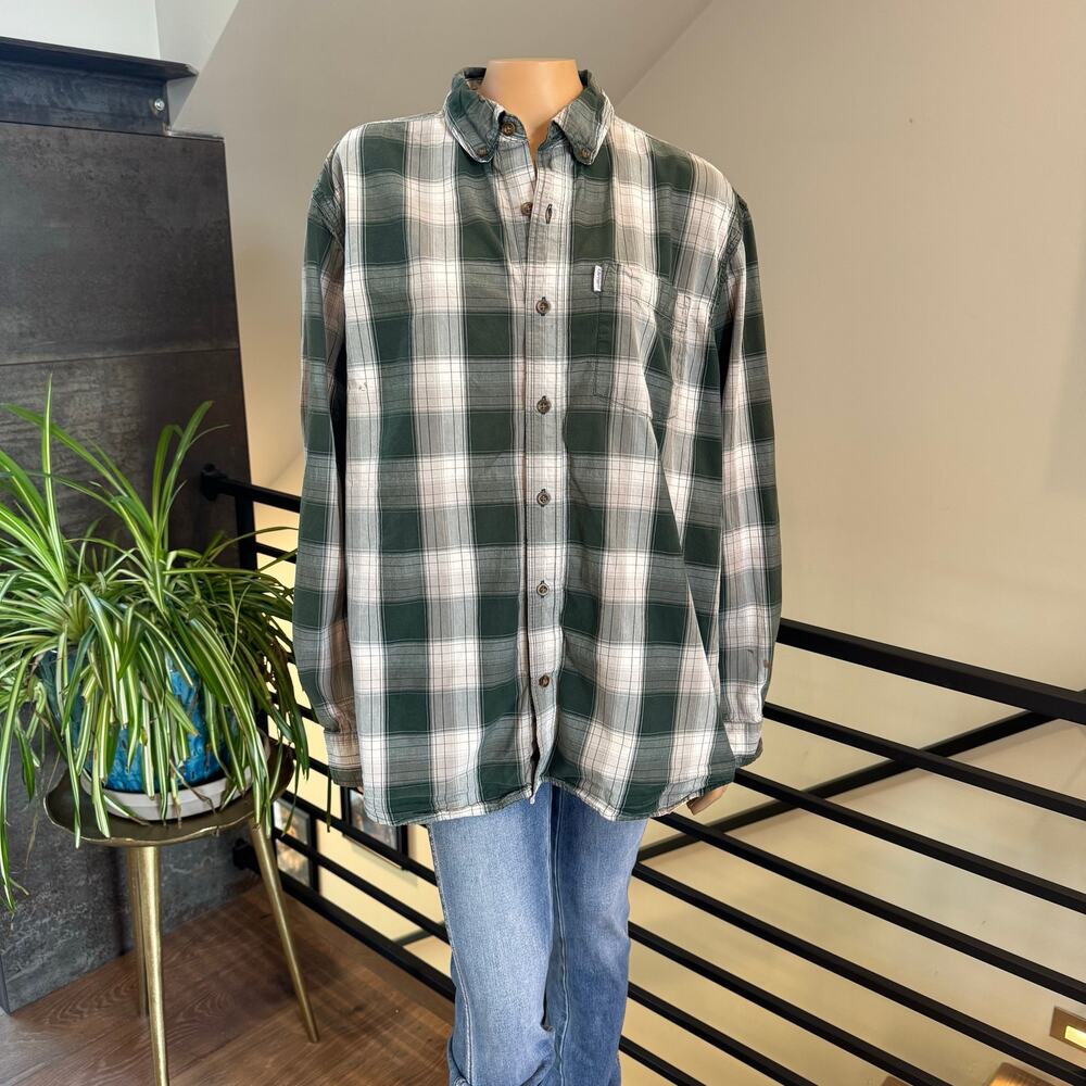 Carhartt Essential Plaid Button Down Shirt Mens L Green Flannel Workwear 102278